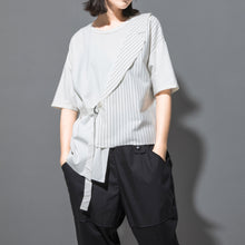 Load image into Gallery viewer, Fake Two-piece Straight Lace-up Striped Patchwork T-shirt
