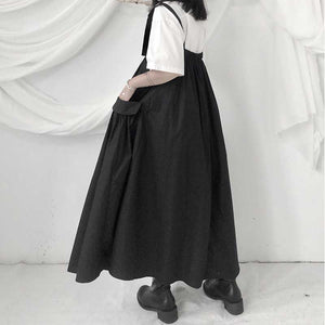 Pleated Side Pocket Black Suspender Dress