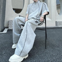 Load image into Gallery viewer, Stand-Collar Short-Sleeve Contrast Piping T-Shirt with &amp; Zip-Front Wide-Leg Trousers Two-Piece Set
