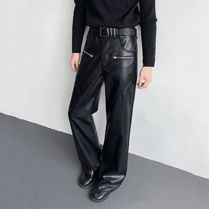 Vintage Zipper PU Leather Bootcut Trousers