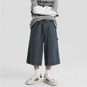 American Denim Cropped Loose Wide-leg Shorts