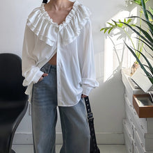 Load image into Gallery viewer, Padded Shoulder Ruffle Collar Loose Drape Shirt
