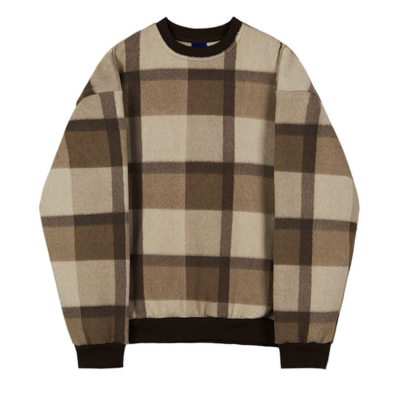 Casual Round Neck Color Block Plaid Loose Sweatshirt