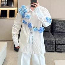 Load image into Gallery viewer, 3D Blue Handmade Floral Long-Sleeved Shirt
