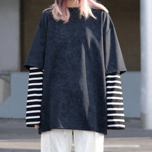 Load image into Gallery viewer, Washed Distressed Striped Patchwork Fake Two-piece T-shirt
