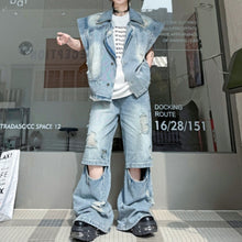 Load image into Gallery viewer, Distressed Collar Loose Denim Vest and Ripped Denim Trousers Suit
