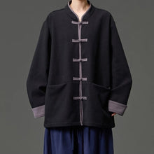 Load image into Gallery viewer, Fleece Lined Contrast Collar Frog Button Hanfu Cardigan
