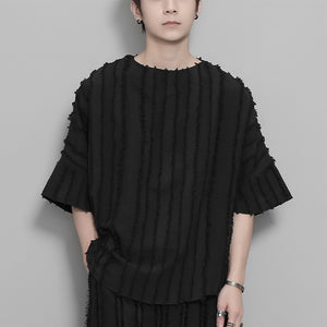 Vertical Striped Retro Tassel Stitching Short-sleeved Shirt