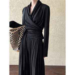 Irregular One-shoulder Waisted Pleated Top Wide-leg Pants Two-piece Set