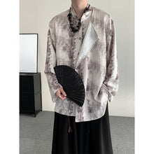 Load image into Gallery viewer, Retro Jacquard Stitching Stand Collar Ink Print Shirt

