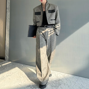 Contrast Color Patchwork Leather Short Suit Jacket Casual Wide Leg Pants Two-piece Suit