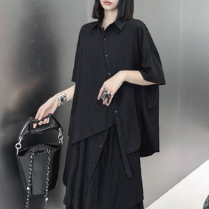 Irregular Loose Solid Color Shirt Elastic Waist Skirt