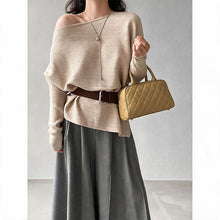 Load image into Gallery viewer, Women's Ribbed Knit Off Shoulder Belted Asymmetrical Hem Sweater
