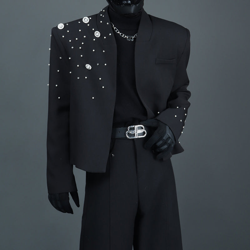 Heavy Beaded Diamond Collarless Blazer