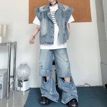 Load image into Gallery viewer, Distressed Collar Loose Denim Vest and Ripped Denim Trousers Suit
