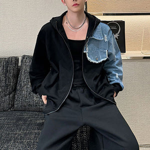 Denim Paneled Knitted Hooded Loose Jacket