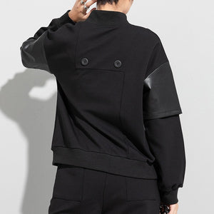 PU Leather Fake Two-piece Stand-up Collar Shirt