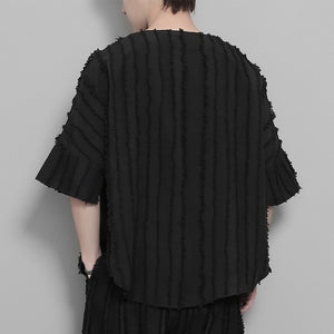 Vertical Striped Retro Tassel Stitching Short-sleeved Shirt