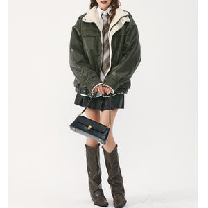 Stand Collar Lamb Wool PU Leather Jacket