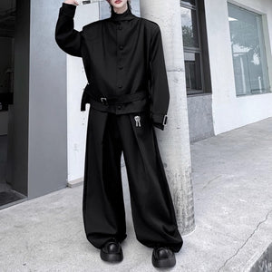 Deconstructed Button Belt-embellished Jacket Wide-leg Trousers Two-piece Suit