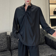 Load image into Gallery viewer, Pleated Stand Collar Solid Long Sleeve Shirt
