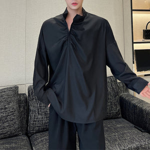 Pleated Stand Collar Solid Long Sleeve Shirt