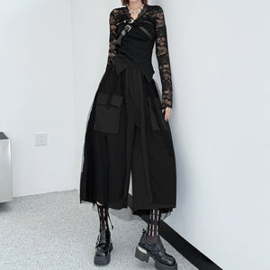 Mesh Stitching Large Pocket Workwear Wide-leg Pants