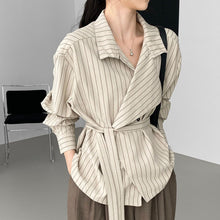 Load image into Gallery viewer, Striped Stand Collar Tie-Waist Long Sleeve Shirt
