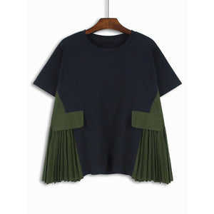 Fake Pocket Pleated Patchwork Loose T-shirt