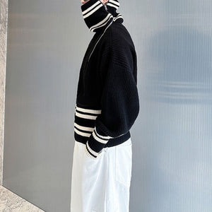Contrast Striped Diagonal Zip-up Turtleneck Sweater