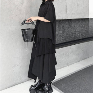 Irregular Loose Solid Color Shirt Elastic Waist Skirt