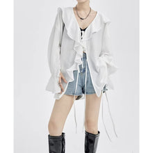 Load image into Gallery viewer, Large Ruffled V-neck And Tie-up Loose Shirt
