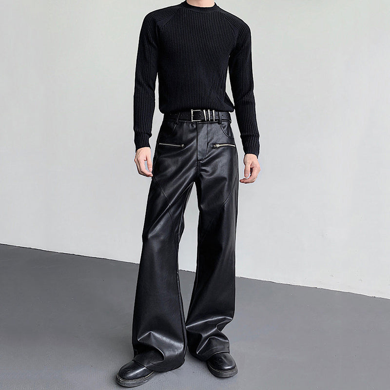 Vintage Zipper PU Leather Bootcut Trousers