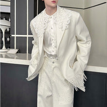 Load image into Gallery viewer, Tassels Floral Padded-shoulder White Blazer
