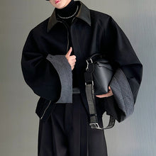 Load image into Gallery viewer, Leather Collar Contrast Plaid Oversized Turned-sleeve Cotton Jacket
