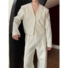 Load image into Gallery viewer, Handmade Embroidered Sequin Collarless Deep V Neck Blazer
