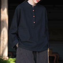Load image into Gallery viewer, Linen Stand Collar Colorblock Buttoned Pullover Shirt
