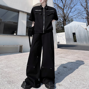 Lapel Multi-Pocket Jacket Casual Pants Solid Color Two-Piece Set