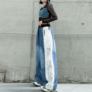 Contrast Color Lace High Waist Wide Leg Jeans