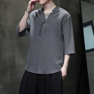 V-neck Pleated Three-quarter Sleeve Shirt