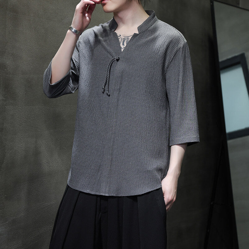V-neck Pleated Three-quarter Sleeve Shirt
