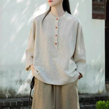 Load image into Gallery viewer, Linen Stand Collar Colorblock Buttoned Pullover Shirt
