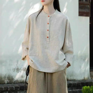 Linen Stand Collar Colorblock Buttoned Pullover Shirt
