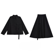 Load image into Gallery viewer, Loose Black Long-sleeved Shirt and Skirt Two-piece Suit
