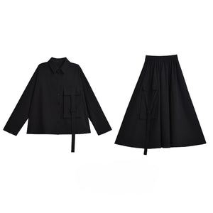 Loose Black Long-sleeved Shirt and Skirt Two-piece Suit