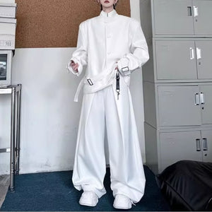 Deconstructed Button Belt-embellished Jacket Wide-leg Trousers Two-piece Suit