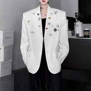 Metal Brooch-embellished Shoulder-padded Casual Blazer