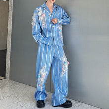 Load image into Gallery viewer, Blue Striped 3D Floral Striped Stage Shirt and Casual Pants Two-piece Set
