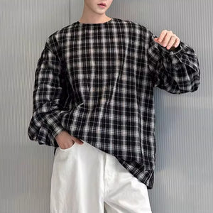 Oversized Collarless Plaid Loose Shirt