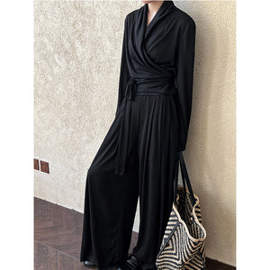 Irregular One-shoulder Waisted Pleated Top Wide-leg Pants Two-piece Set